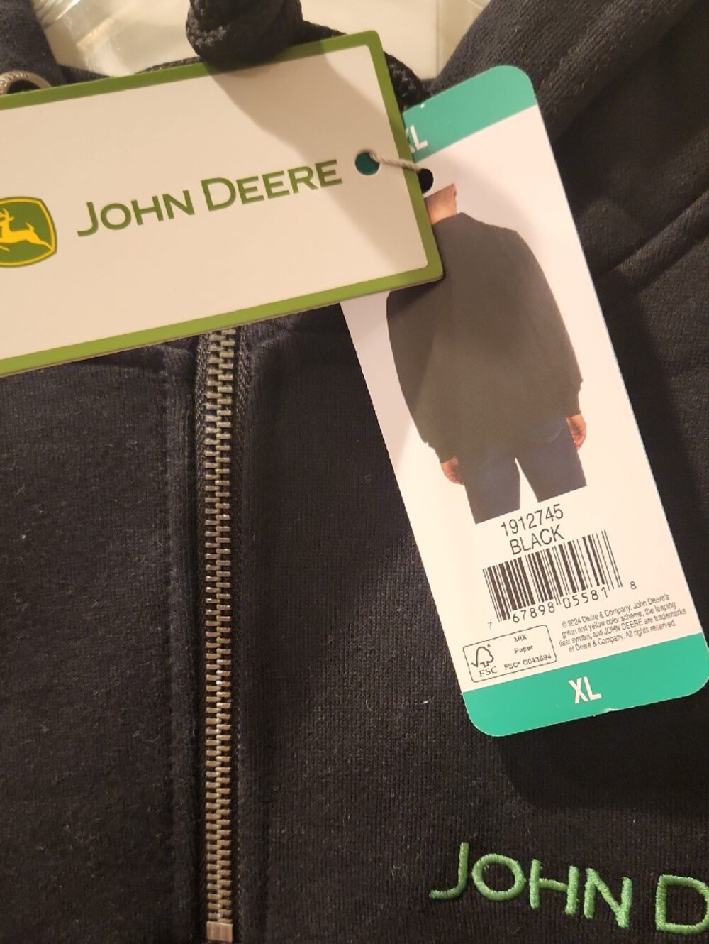 John Deere Black Half-Zip Men’s Hoodie with Green Logo - Picture 3 of 6